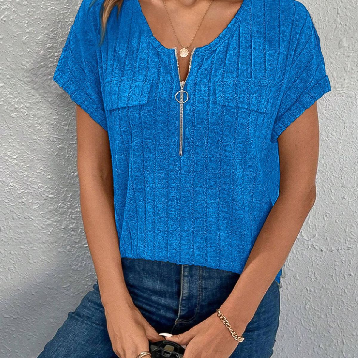 TIOZONEY - Blusa holgada con cremallera-Azul