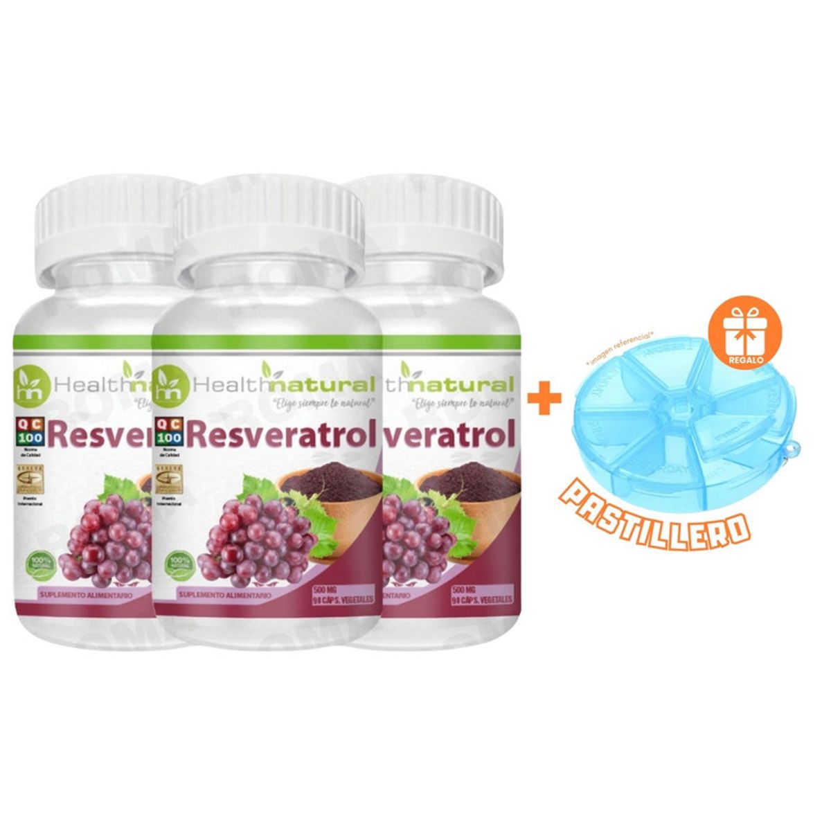 HEALTHNATURAL - PACK 3 RESVERATROL HEALTHNATURAL 1500MG + REGALO PASTILLERO