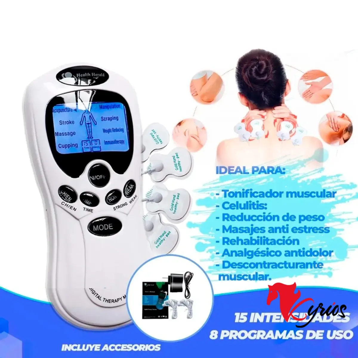 NO LOGO - ELECTRO DE 8 PARCHES PARA REABILITACION Y DOLOR MUSCULAR