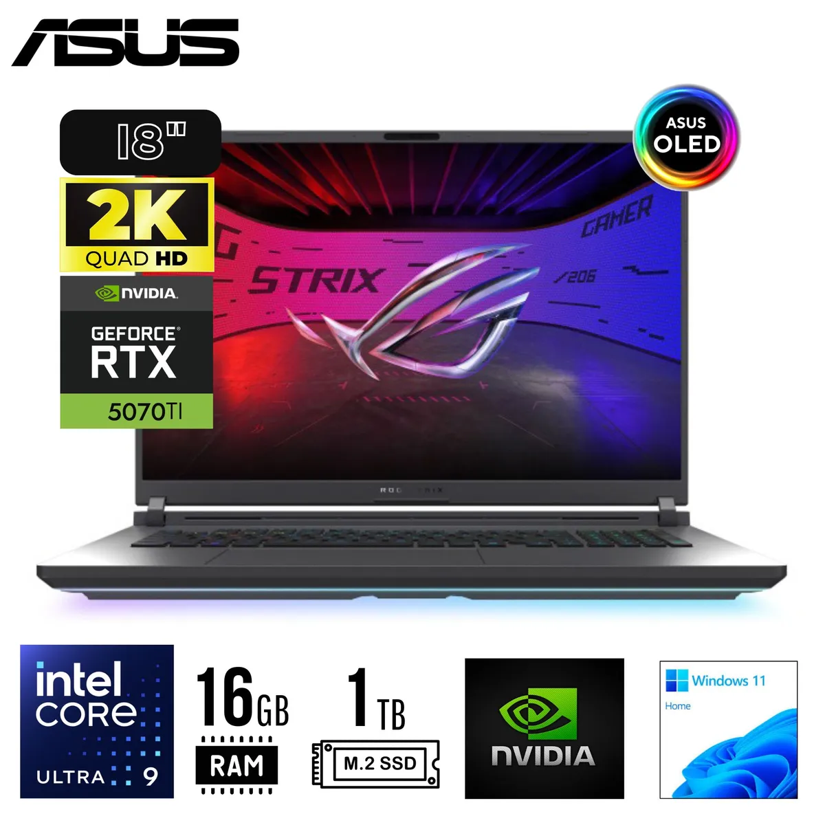 ASUS - LAPTOP ASUS ROG Strix G18, 18" WQXGA IPS, Ultra 9 275HX 5.4GHz, 16GB DDR5 1TB RTX 5070TI 12GB W11