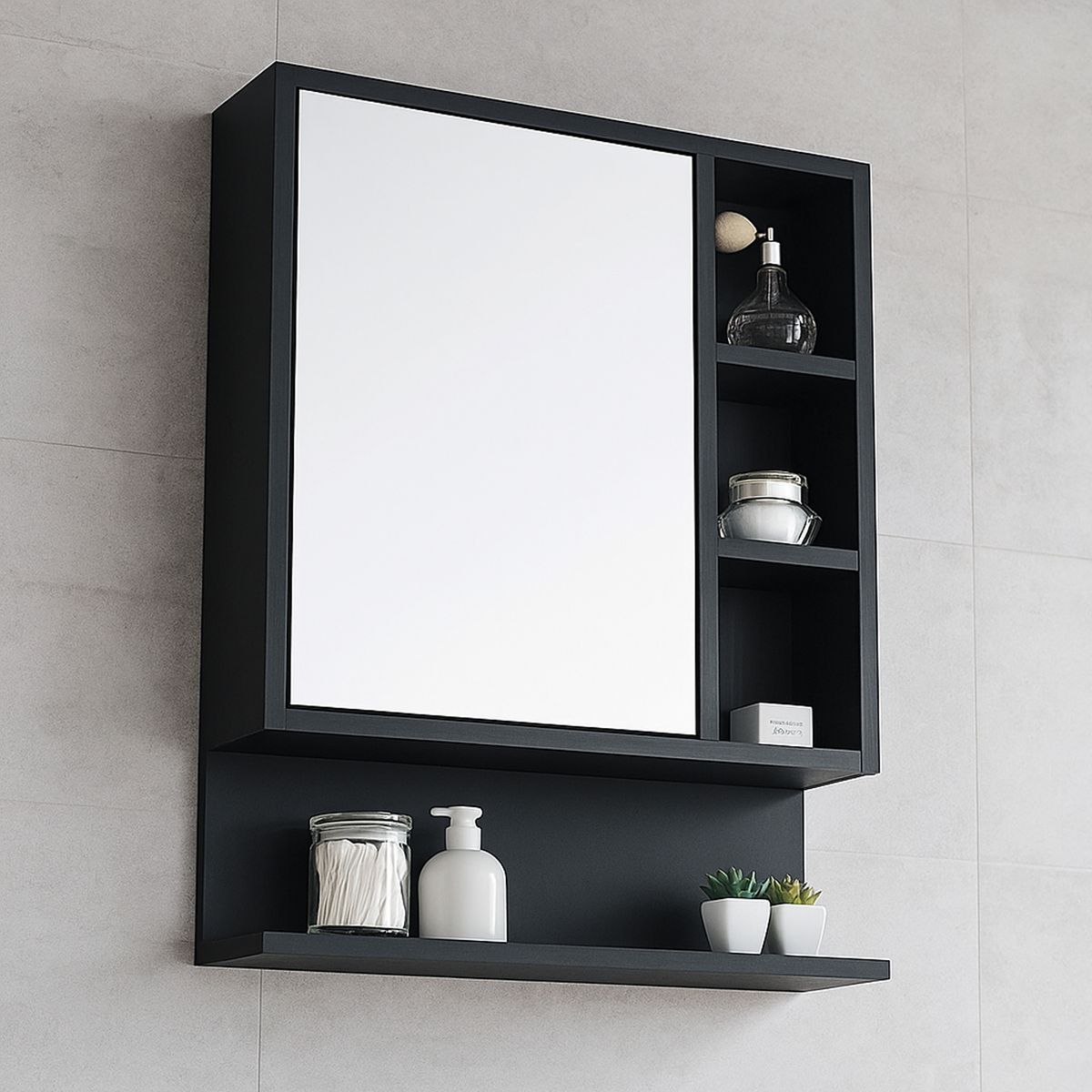 PELIKANO - Mueble de Baño con Espejo Melamina Negro 60x55 cm