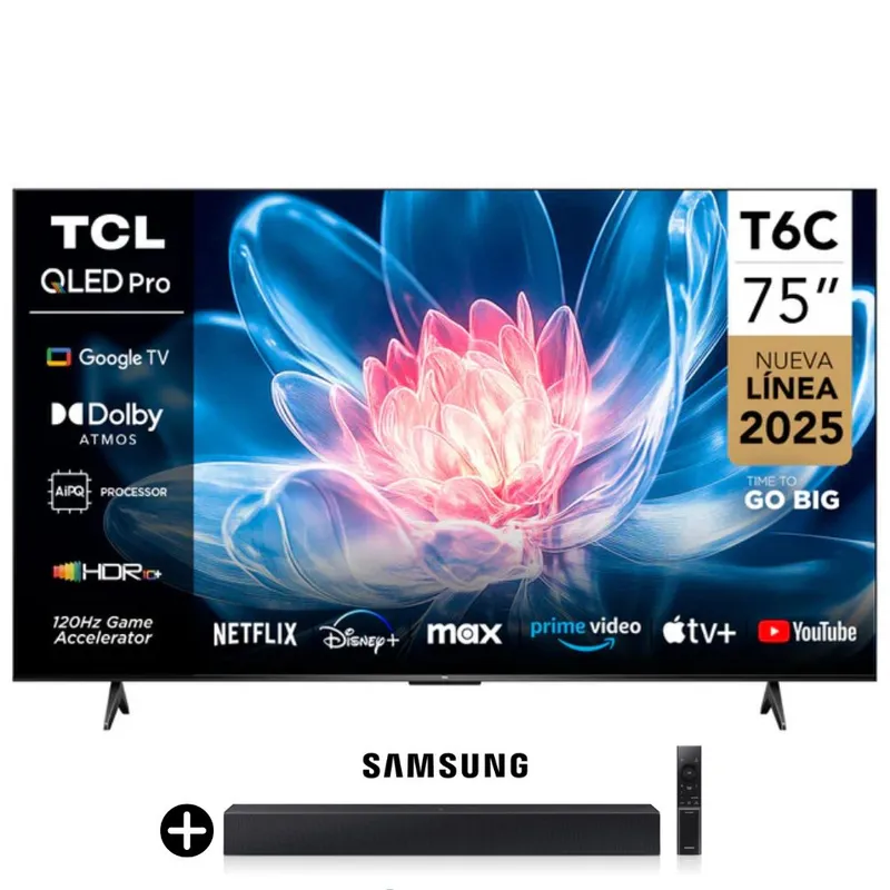 SAMSUNG - Televisor TCL QLED 75 UHD 4K Smart TV GOOGLE 75T6C+Soundbar Samsung HW-B400F (Nuevo)