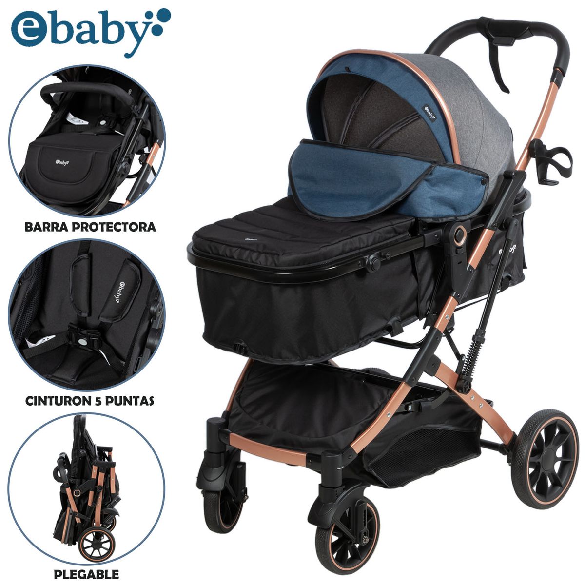 EBABY - Coche Moisés de Lujo SHIRO Multifuncional Azul