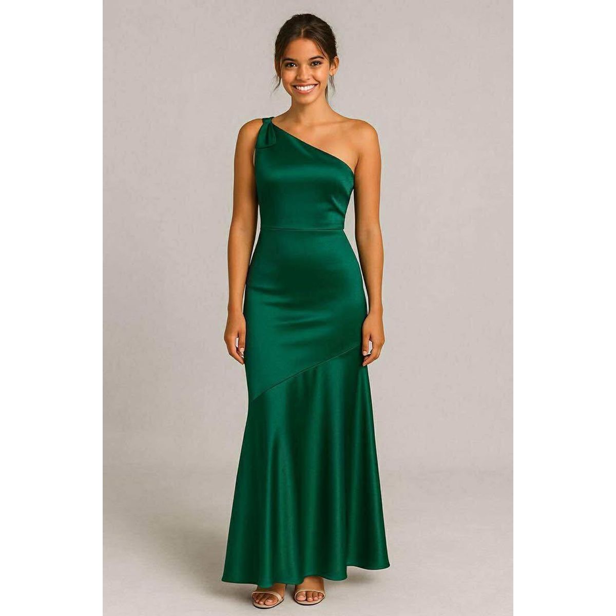 ANA RIVERO - Vestido Largo Verde Botella Satin
