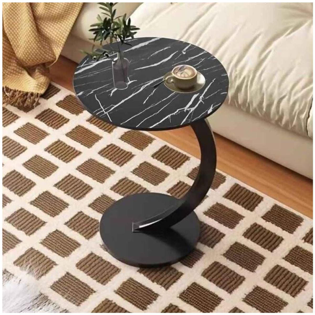 GENERICO - Mesa Auxiliar Circular Moderna en Forma de C Negro Marmoleado