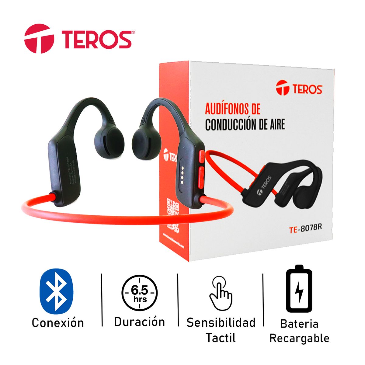 TEROS - Audífonos Teros TE-8078R Bluetooth con Conducción de Aire RojoGris