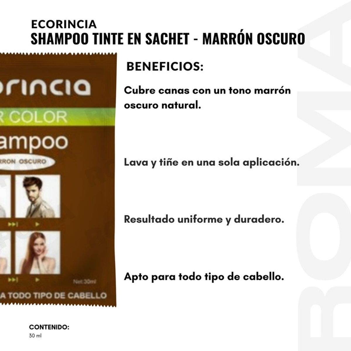GENERICO - PACK 3 SHAMPOO TINTA EN SACHET 90ML ECORINCIA  MARRÓN OSCURO