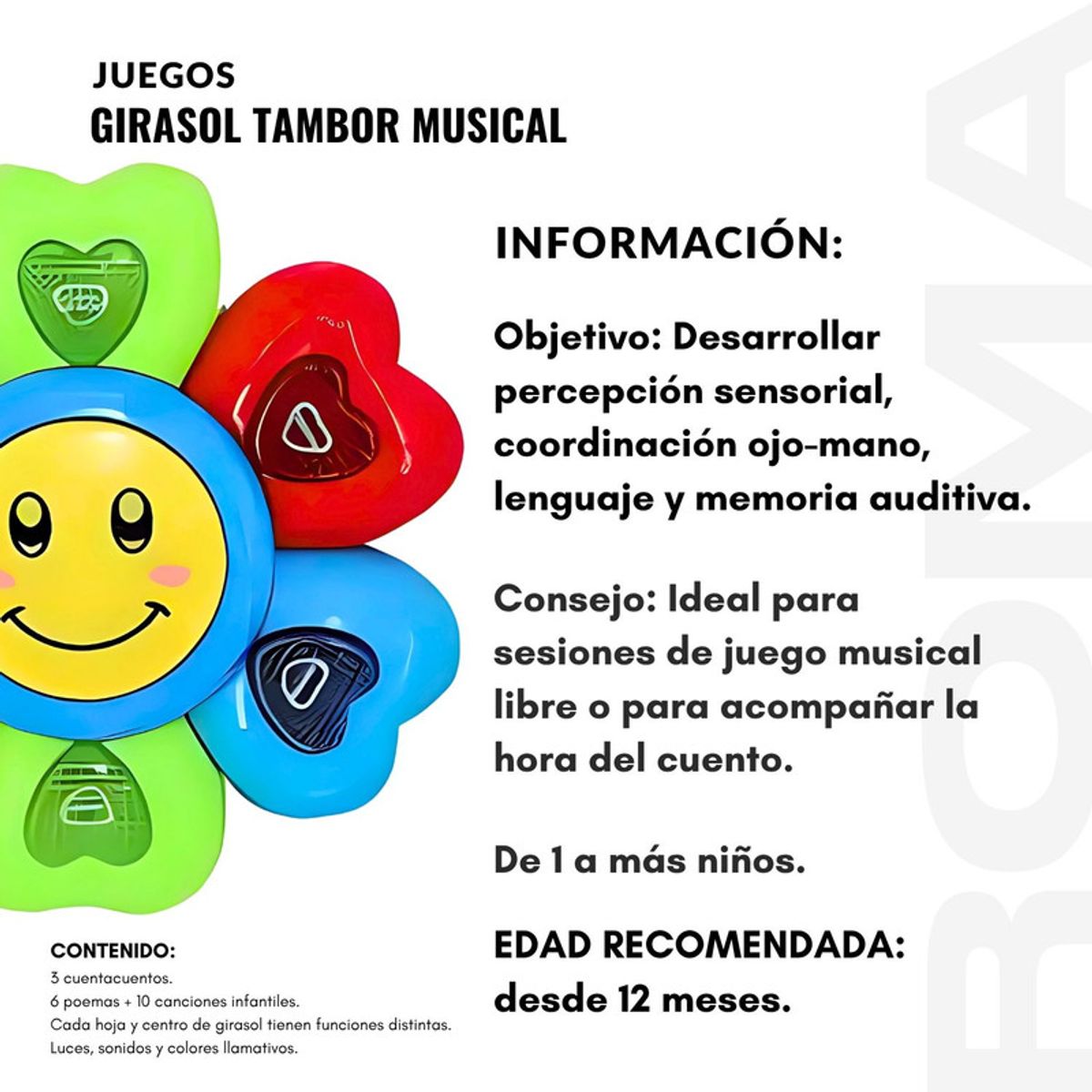 GENERICO - GIRASOL TAMBOR MUSICAL  FLOWER HEART - JUEGO DIDÁTICO