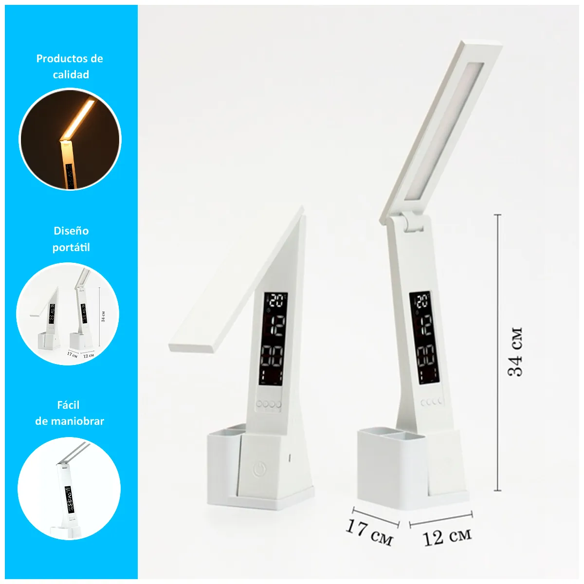 GENERICO - Lámpara LED Plegable con Reloj y Porta lapiceros Blanco