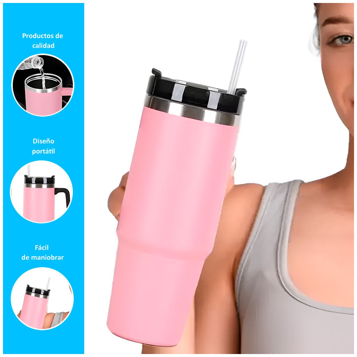 GENERICO - Taza de acero inoxidable con mango rosado