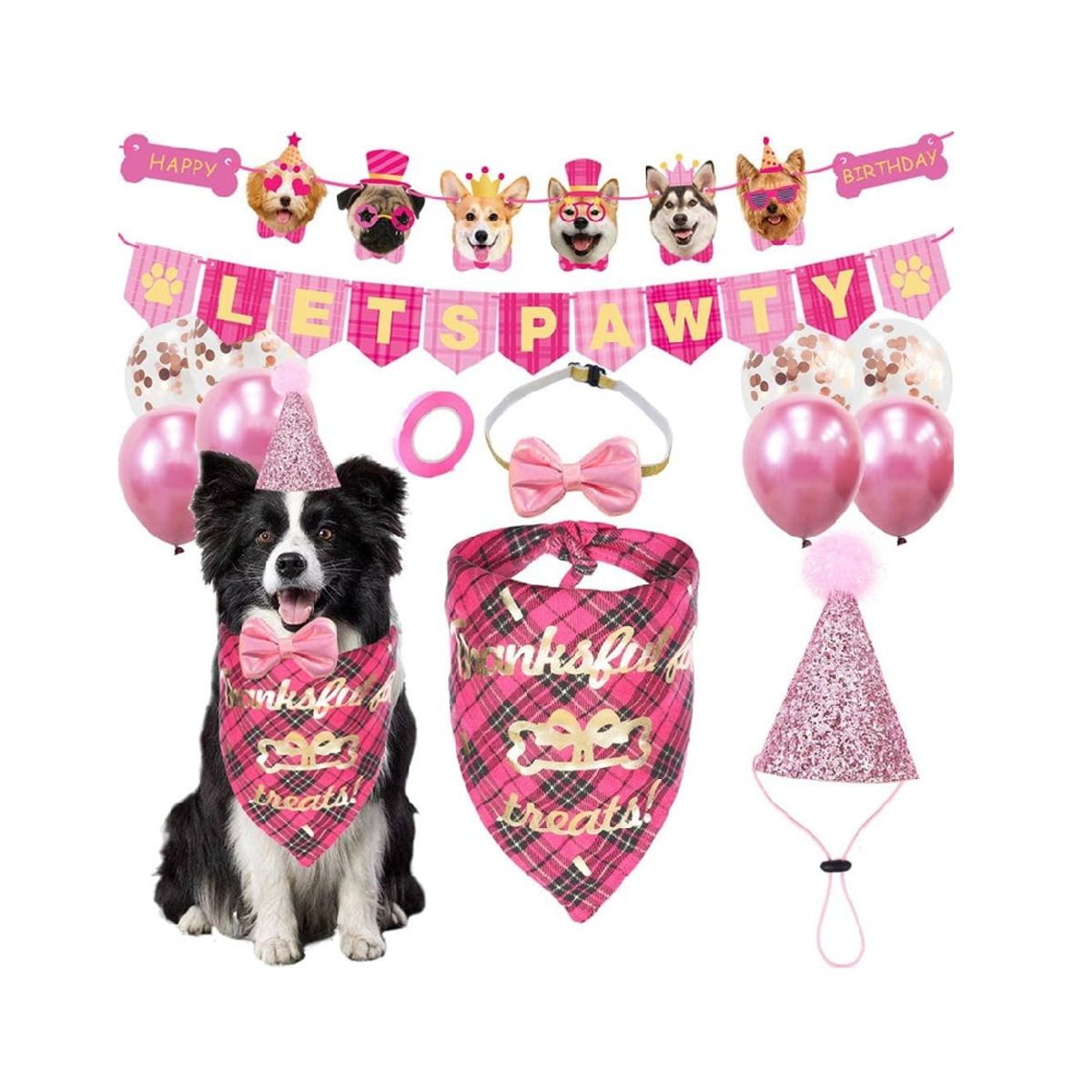 GENERICO - Kit de cotillón fiesta cumpleaños para mascotas rosado
