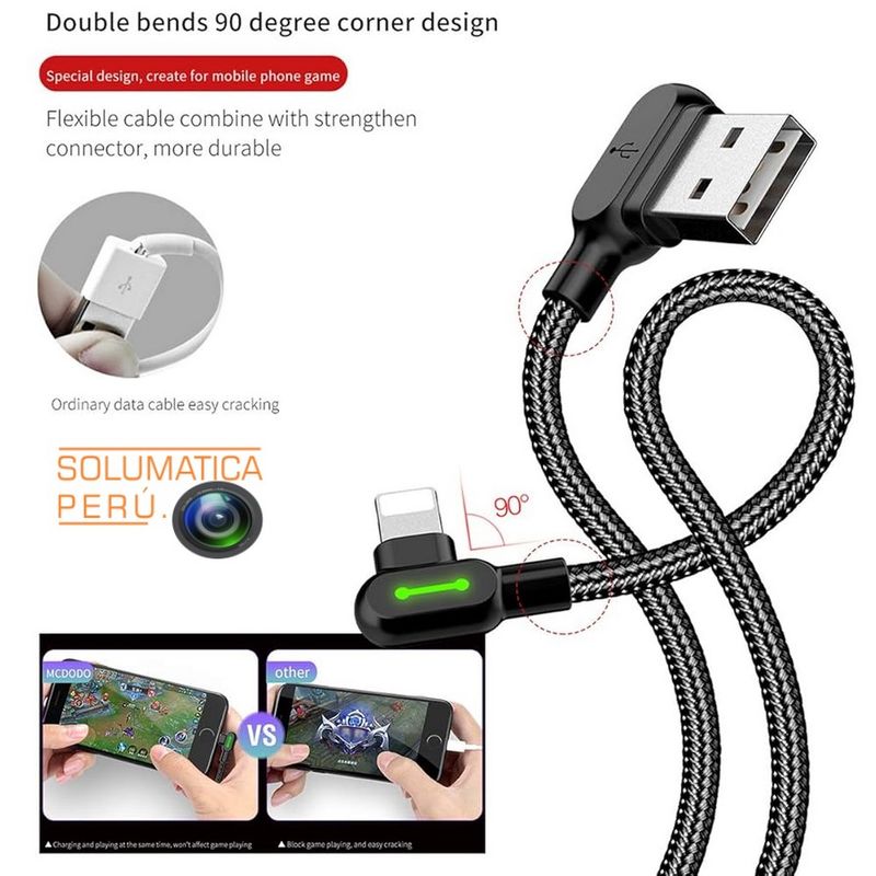 MCDODO - Cable USB Para Iphone - 3A 60W Angulo 90°Gamer - 180cm Mcdodo