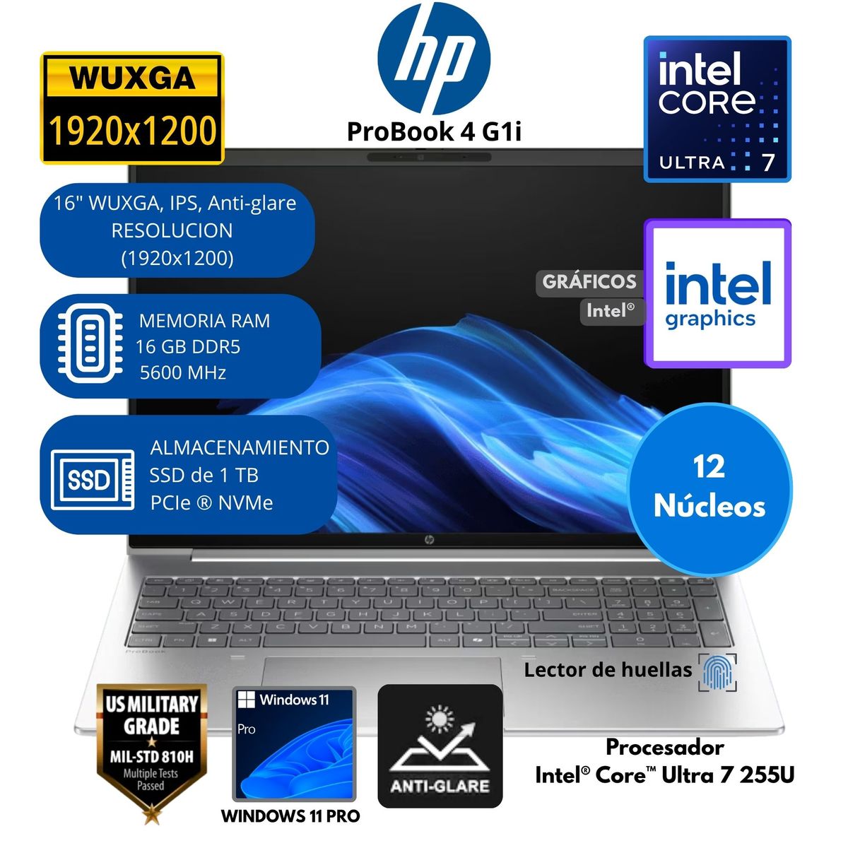 HP - Laptop HP ProBook 4 Intel Core Ultra 7 RAM 16 GB SSD 1 TB 16"WUXGA Windows 11 PRO