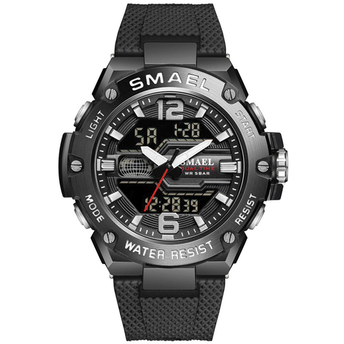 SMAEL - Reloj Smael 8033 Negro Detalles Blancos Correa Silicona Dual Time