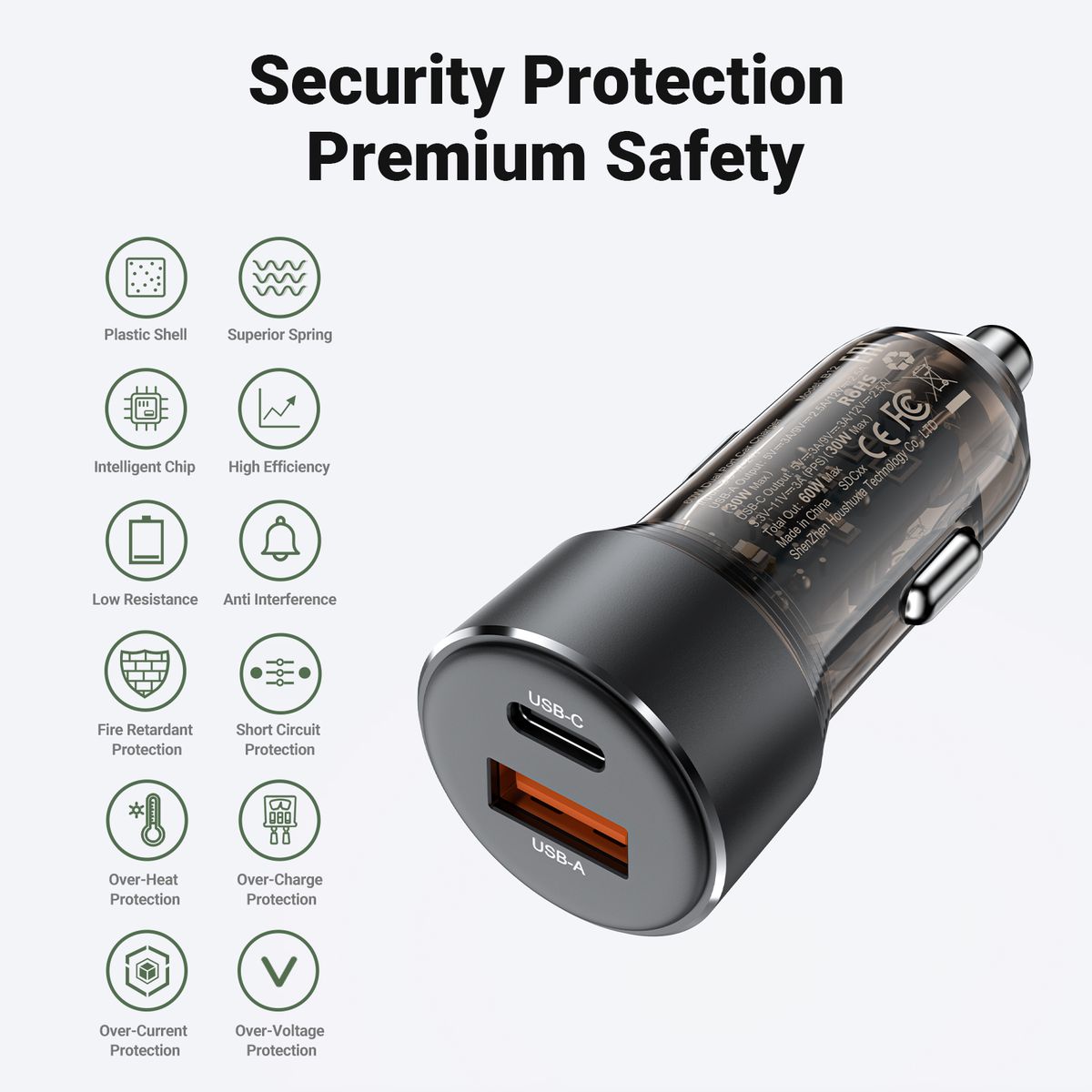 ACEFAST - Cargador de Auto Acefast B12  60W USB-A + USB-C Carga Rápida