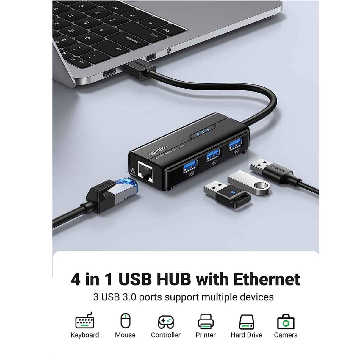 UGREEN - Hub Ethernet 3.0 4 en 1 USB 3.0x3  RJ45x1 Ugreen