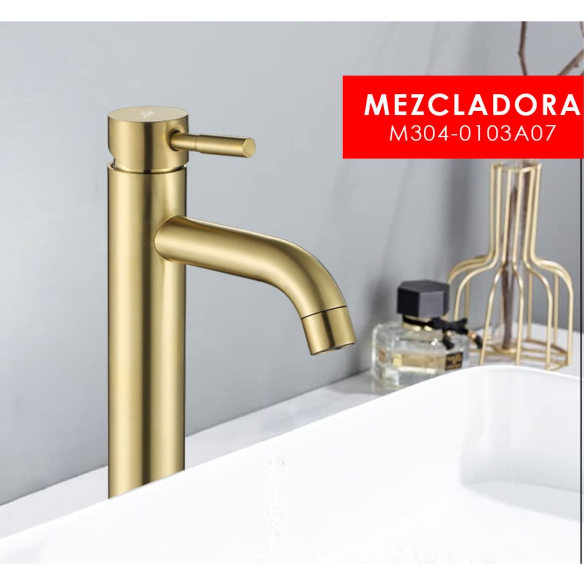 XM - Grifería Monocomando de Lavabo cero SUS304 Dorado Satinado