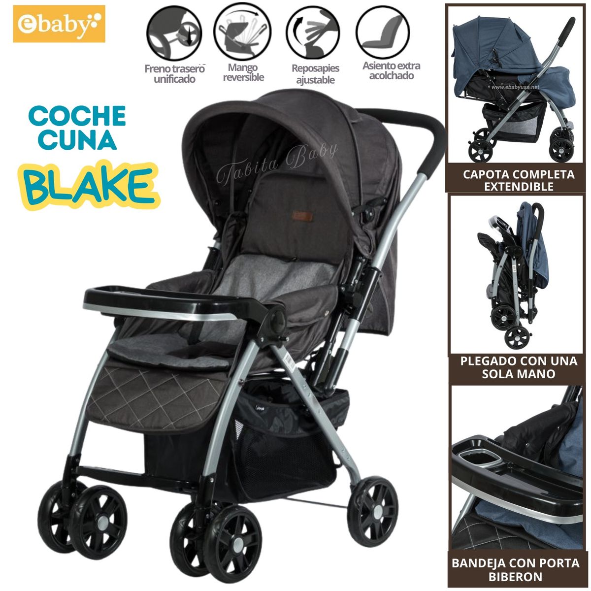 EBABY - Coche Cuna para Bebe Blake Negro