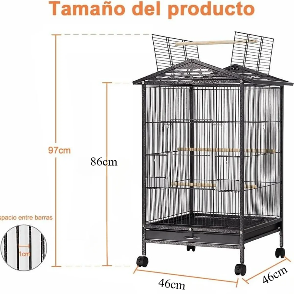 PELUDINES - Jaula Grande De Metal Con Ruedas 97cmx46cmx46cm