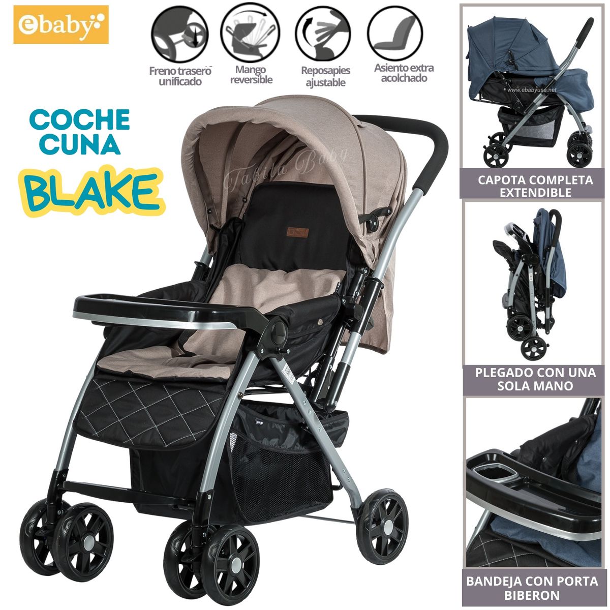 EBABY - Coche Cuna de paseo para Bebe con portavasos Blake Beige