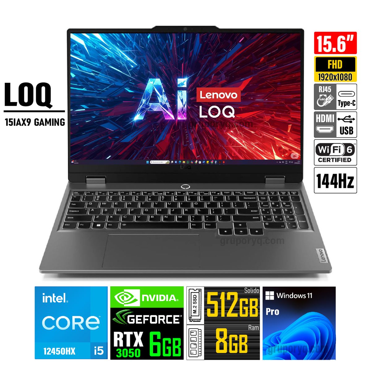 LENOVO - Laptop Lenovo LOQ 15IAX9 GAMING Core i5-12450HX 8GB 512GB 15.6" FHD RTX 3050 6GB
