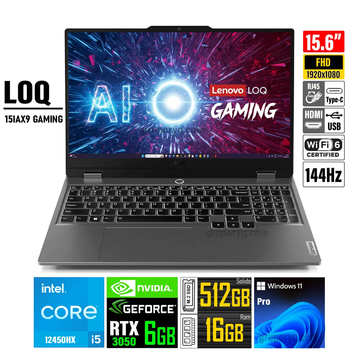LENOVO - Laptop Lenovo LOQ 15IAX9 GAMING Core i5-12450HX 16GB 512GB 15.6" FHD RTX 3050 6GB