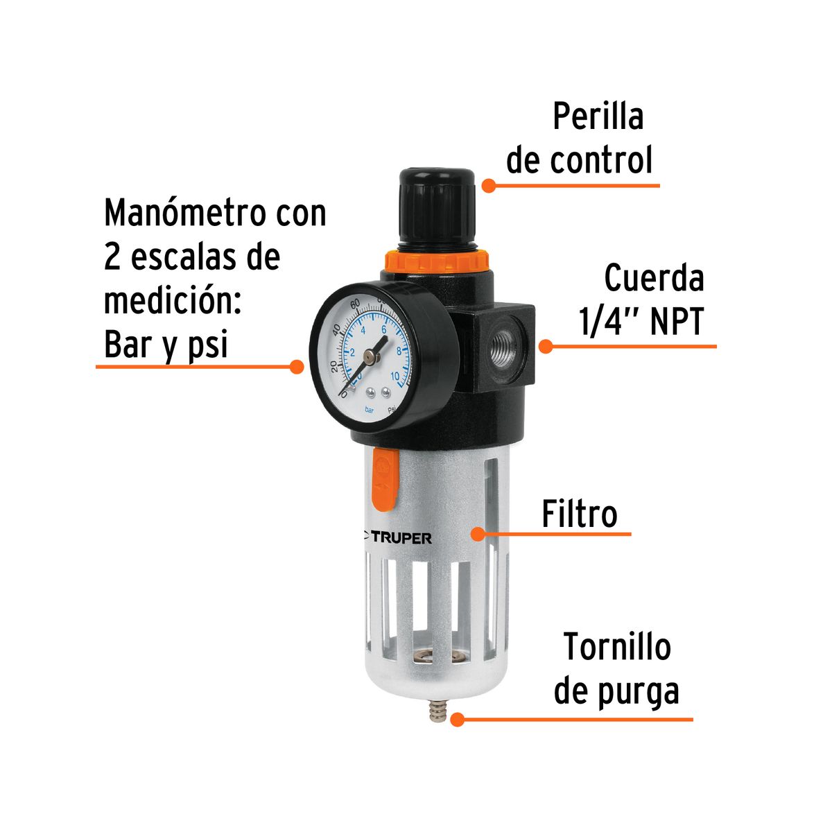 Truper - Filtro Regulador De Aire 1/4" Npt Truper 18238