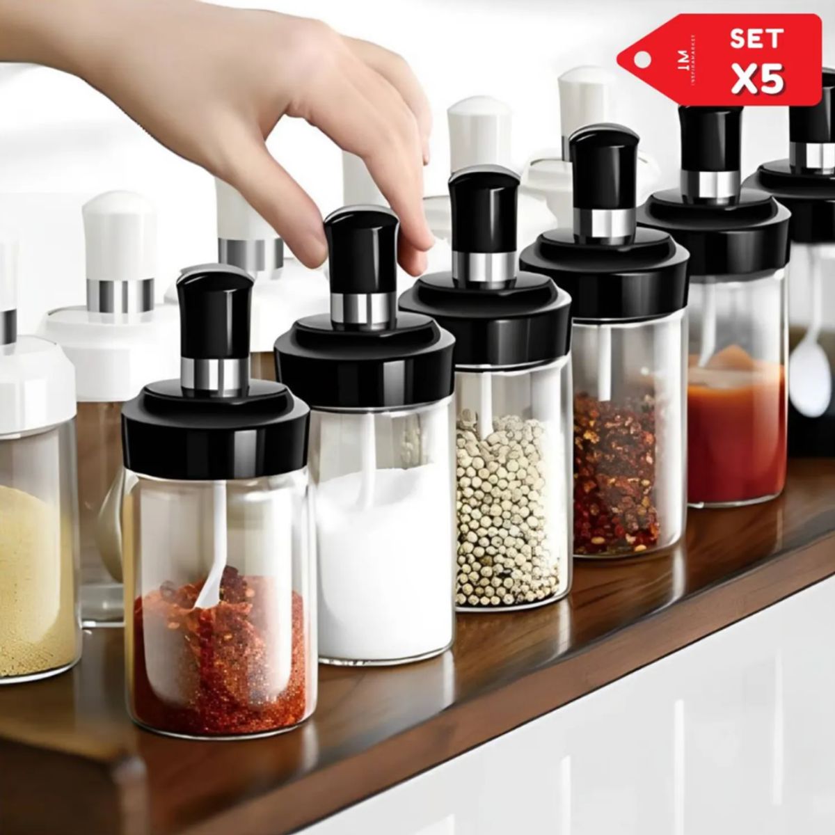 GENERICO - Set de 5 Condimenteros De Vidrio Con Cuchara De 250ml