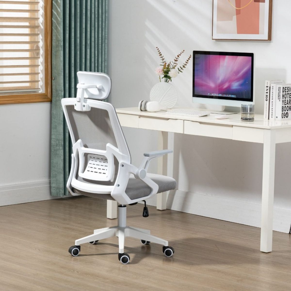 GENERICO - Silla Ergonómica de Oficina con Cabecera y Respaldo Regulables Blanco Tela Gris