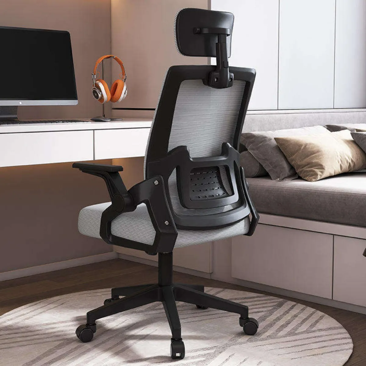 GENERICO - Silla Ergonómica de Oficina con Cabecera y Respaldo Regulables Negro Tela Gris