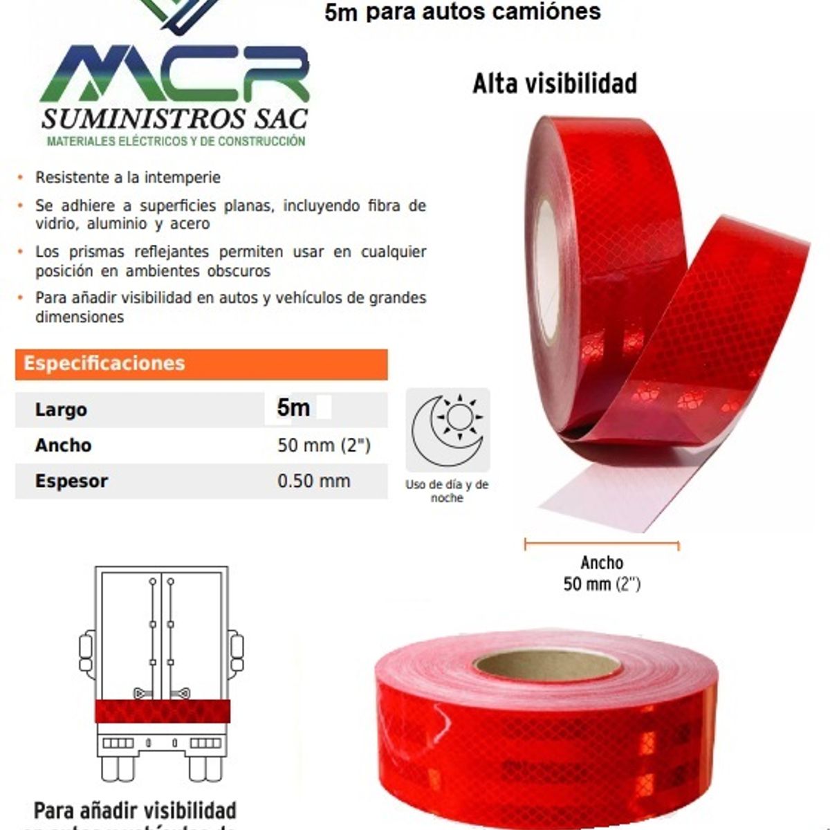 GENERICO - Cinta reflectiva reflejante ROJO 2" o 5cm ancho x 5 metros para autos camiónes