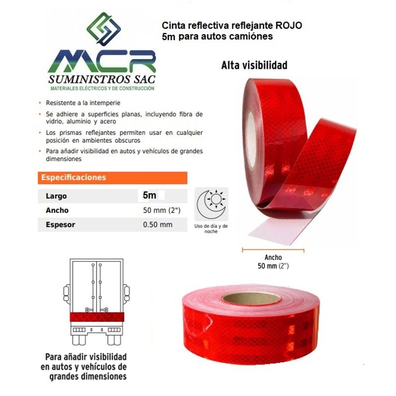 GENERICO - Cinta reflectiva reflejante ROJO 2" o 5cm ancho x 5 metros para autos camiónes