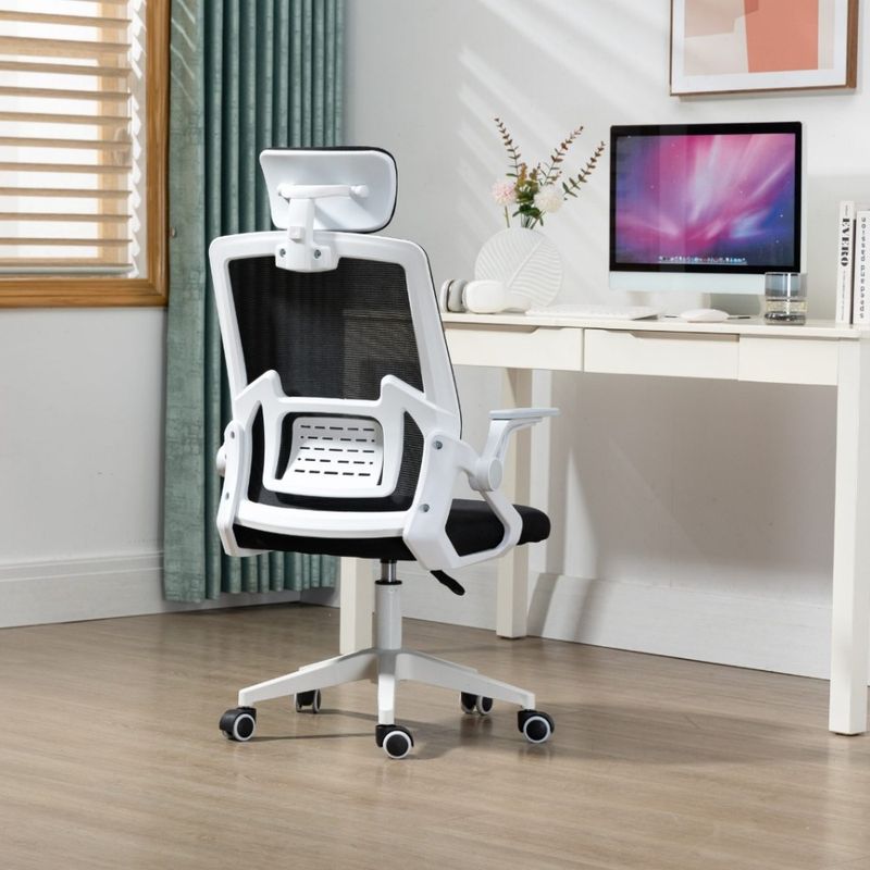 GENERICO - Silla Ergonómica de Oficina con Cabecera y Respaldo Regulables Blanco Tela Negro