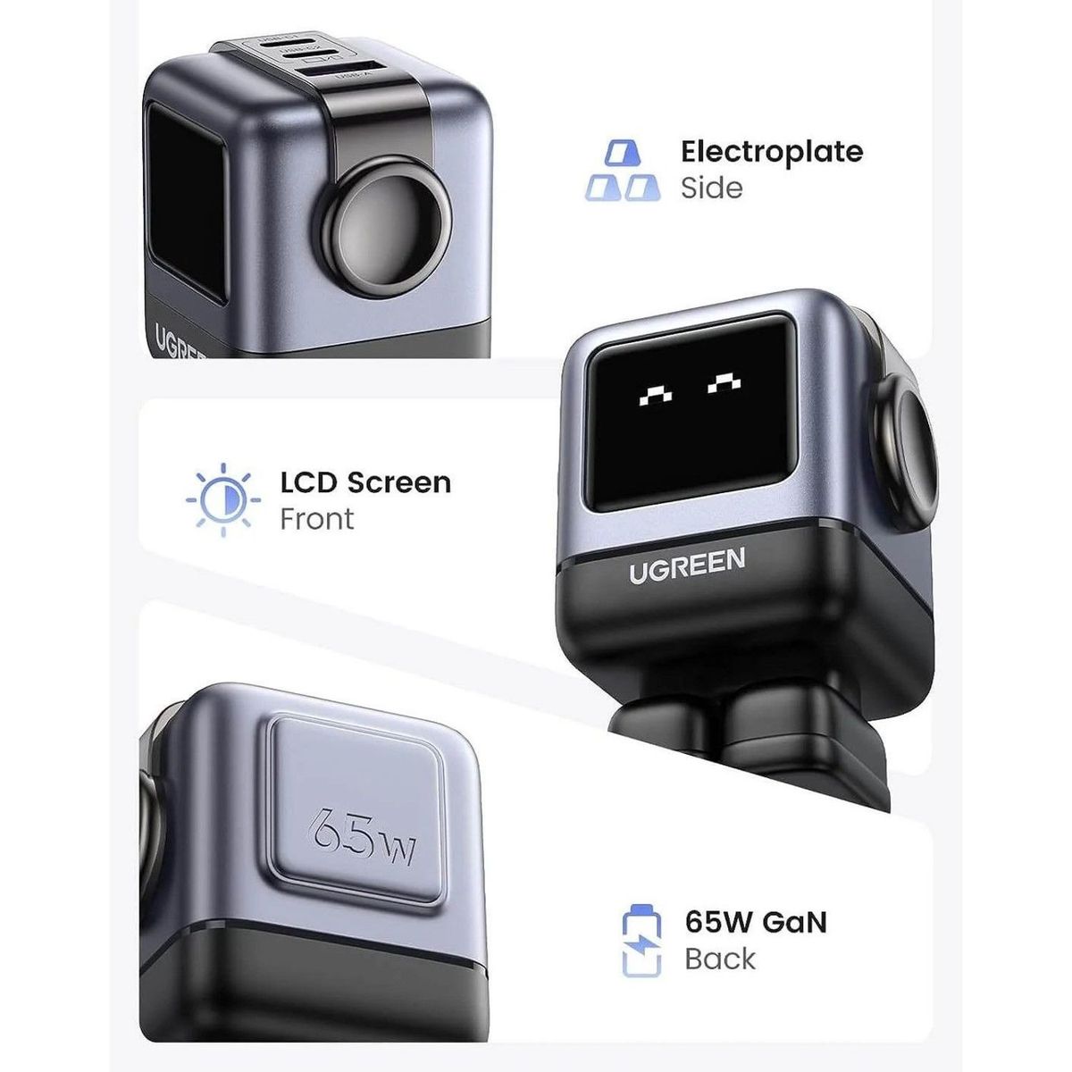 UGREEN - Cargador USB-C Ugreen Robot 65w Multipuerto Gan Nexode 15570