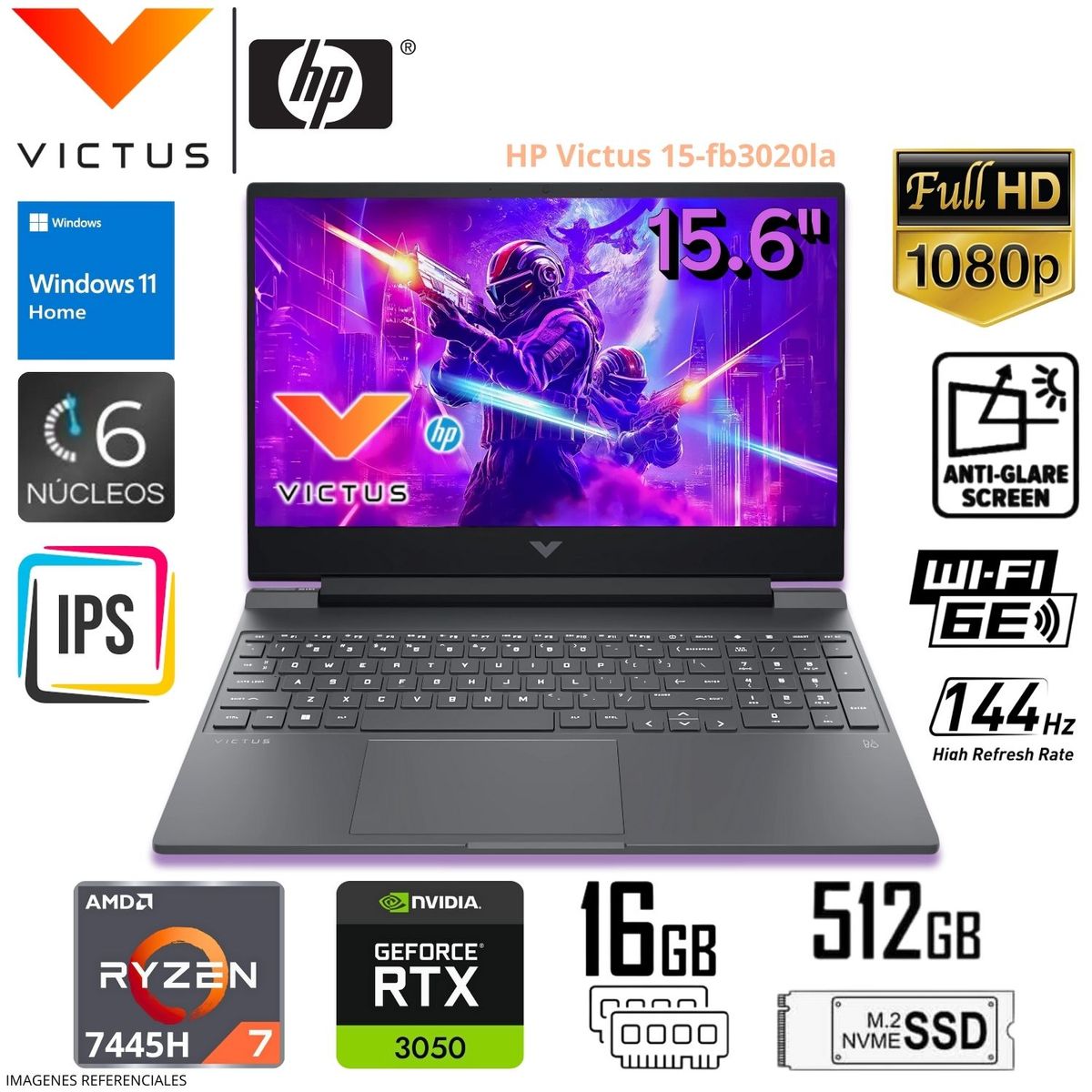 HP - LAPTOP GAMER HP VICTUS AMD RYZEN 7 16GB RAM 512GB SSD RTX 3050 FHD 15.6", WINDOWS 11 15-fb3020la