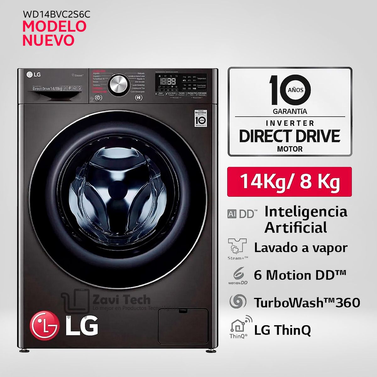 LG - Lavaseca LG WD14BVC2S6C 14Kg  8Kg AI DD Carga Frontal - Negro Acero