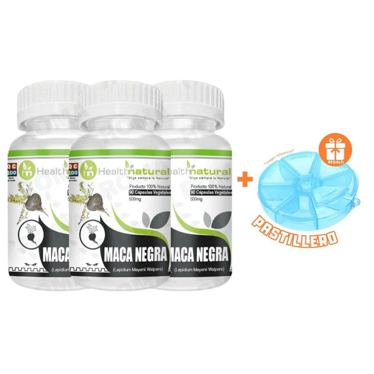HEALTHNATURAL - PACK 3 MACA NEGRA HEALTHNATURAL 1500MG + REGALO PASTILLERO