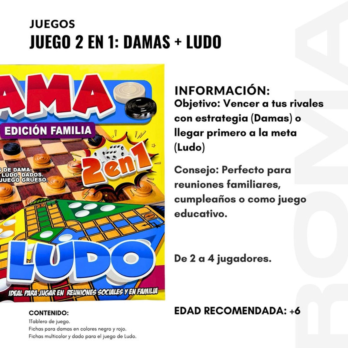 GENERICO - JUEGO 2 EN 1 DAMAS Y LUDO - JUEGO DE MESA