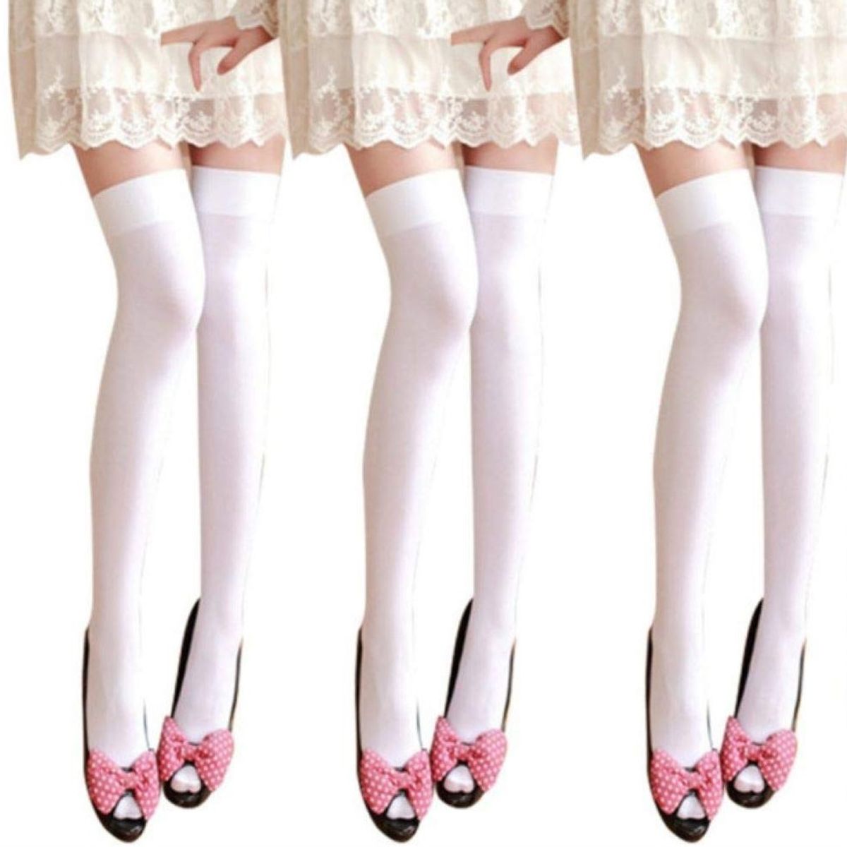 WHITE - 3 pack Medias Negras Largas  para short o minifalda