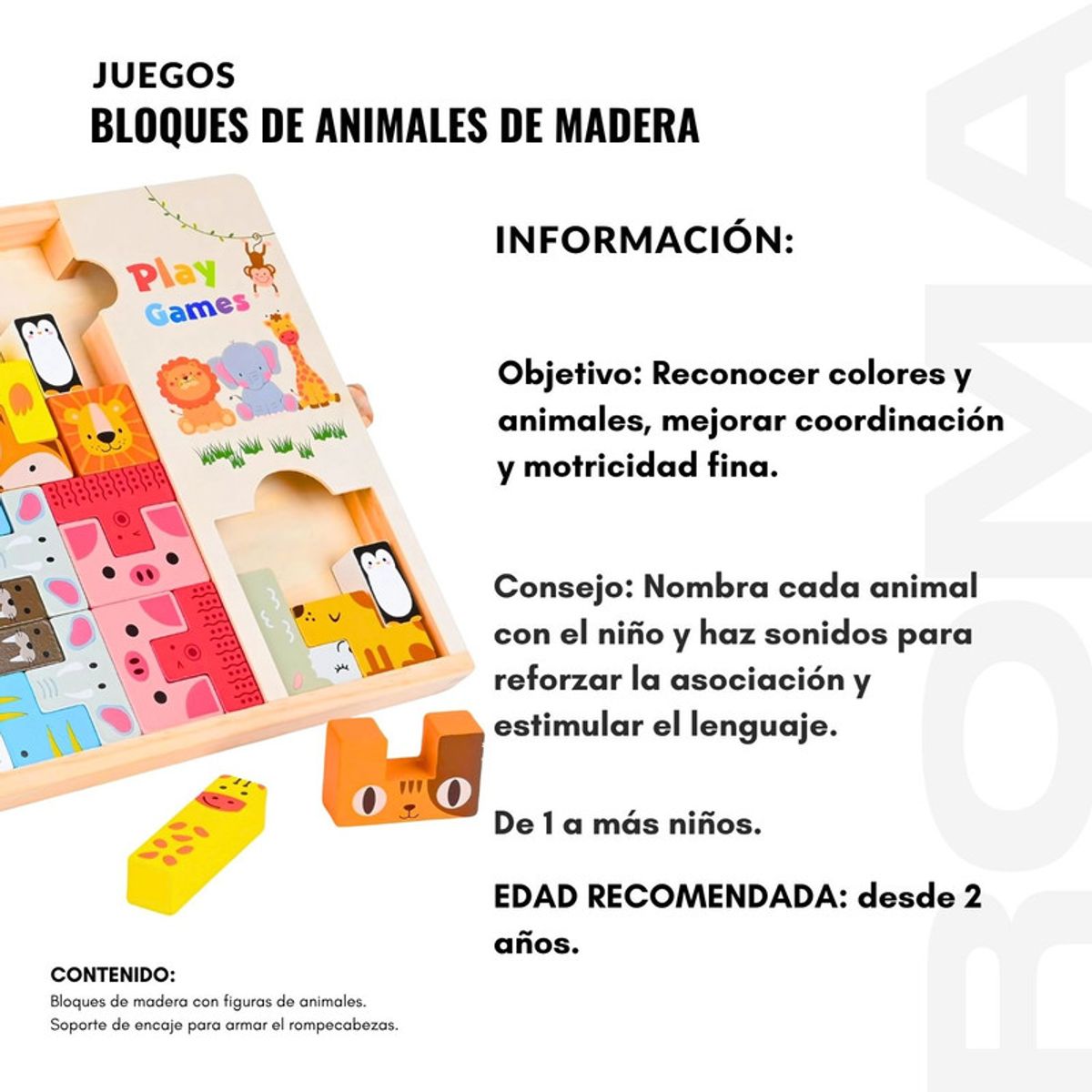 GENERICO - BLOQUES DE ANIMALES ENCAJABLES MADERA - JUEGO DIDÁTICO