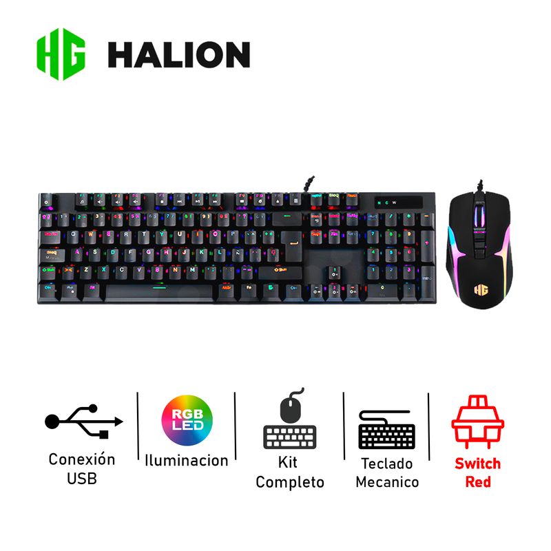 HALION - Kit Gamer Halion Damon Black Teclado Mecánico + Mouse RGB HA-863C