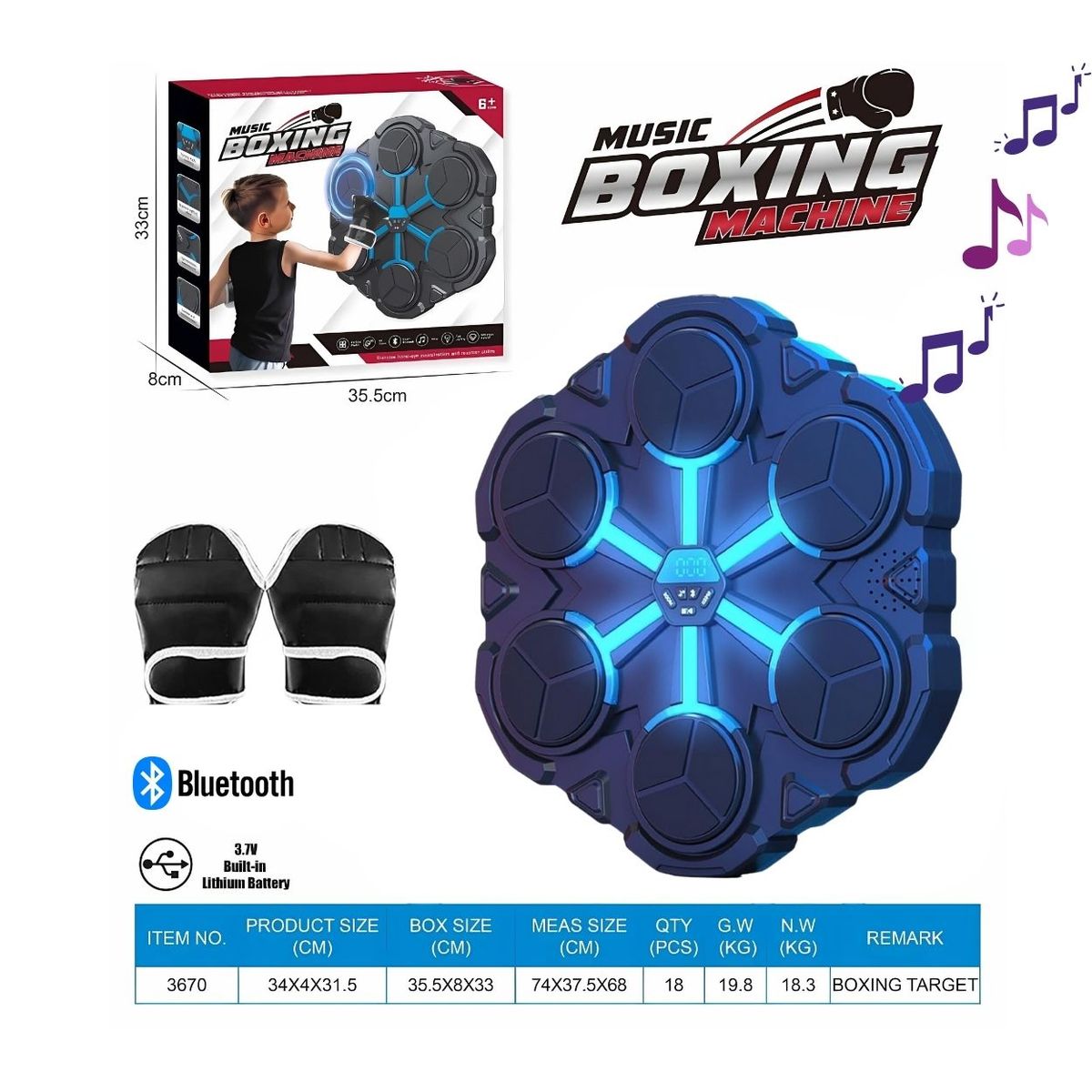 GENERICO - Máquina de Boxeo Musical con LED y Bluetooth para Niños