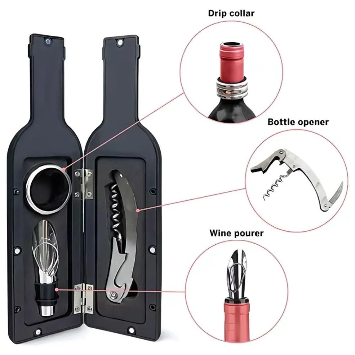 GENERICO - Set de 3 Piezas Abridor Sacacorchos para Vinos en Forma de Botella