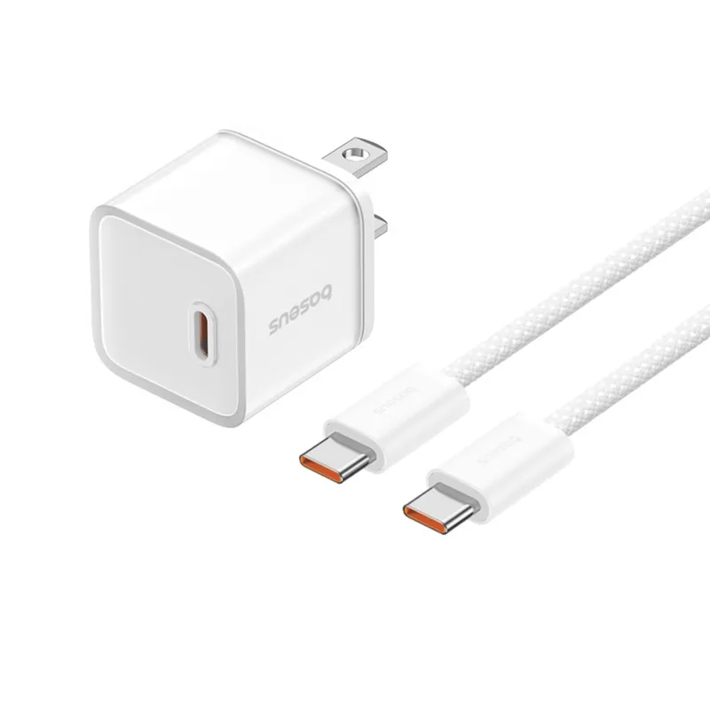 BASEUS - Cargador Rápido USB-C y Cable Nylon USB-C 1 Metro, Baseus, PD 20W