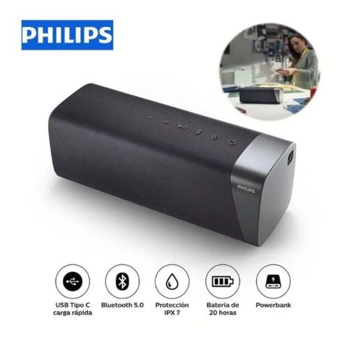 PHILIPS - Parlante Inalámbrico Philips Con Bluetooth TAS7505 - Negro