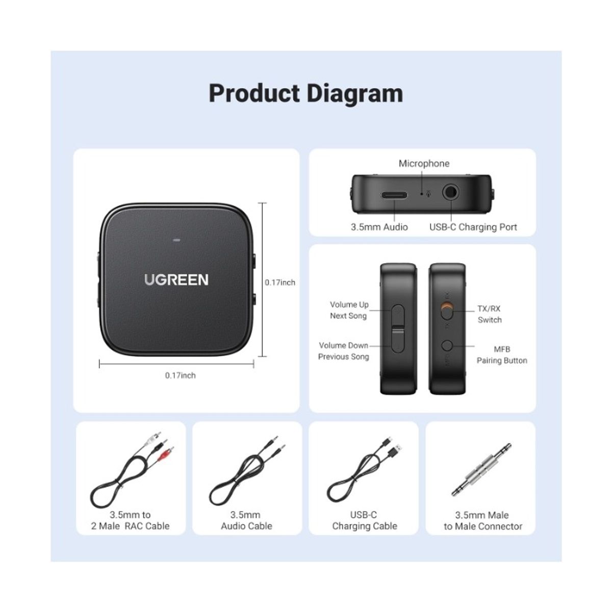 UGREEN - TRANSMISOR RECEPTOR BLUETOOTH 5.2 UGREEN (35223) AUX JACK 3.5MM Y RCA