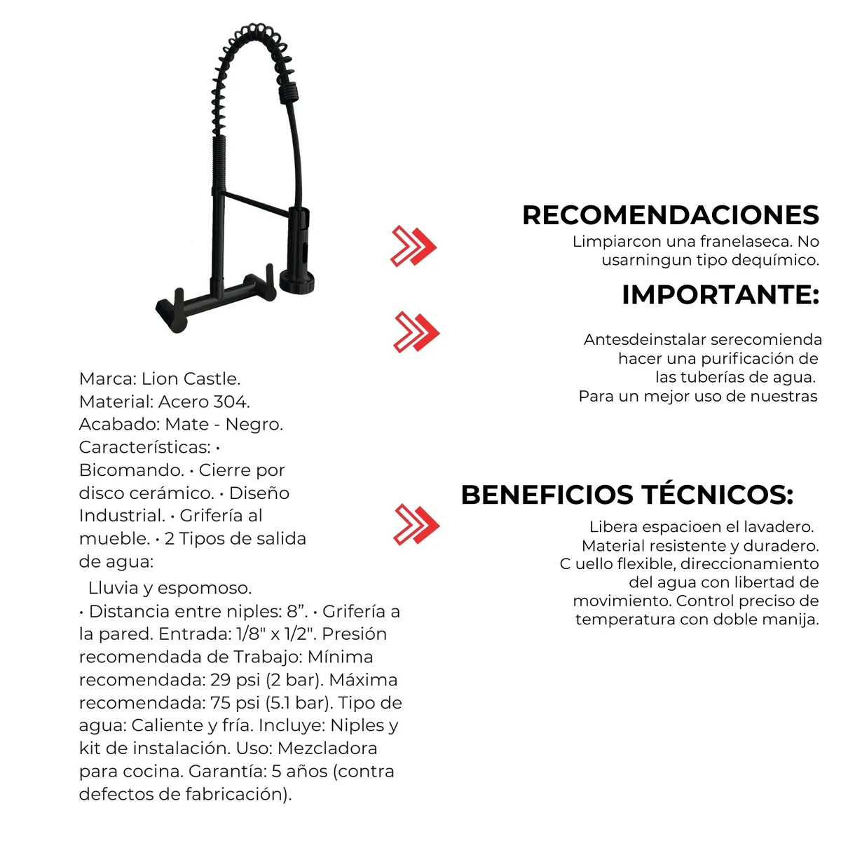 GENERICO - Grifo Mezcladora de Pared en Acero 304 Negro Mate