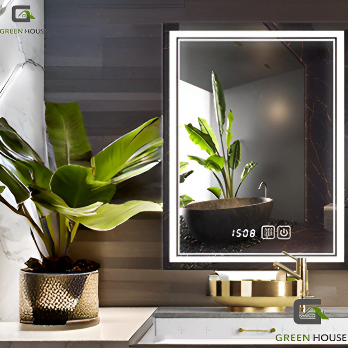 GREEN HOUSE - ESPEJO INTELIGENTE CHARLOTTES LED 3 TIEMPOS - RELOJ - ANTIEMPAÑO