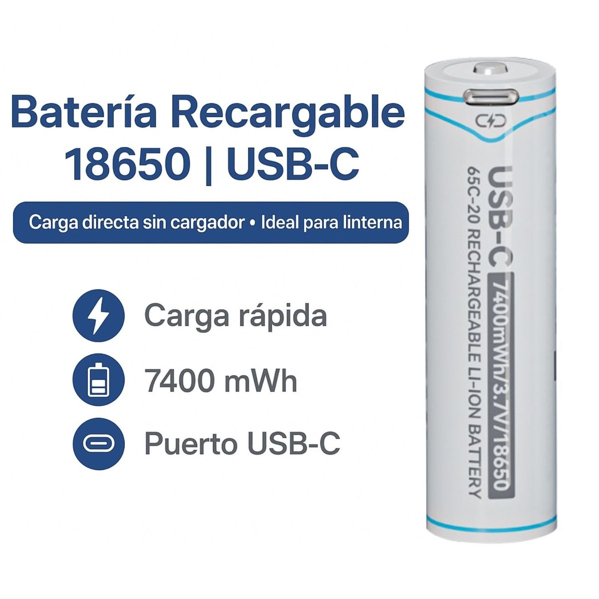 BESTON - Pila recargable 18650 3.7V 7400mWh con puerto Tipo-C