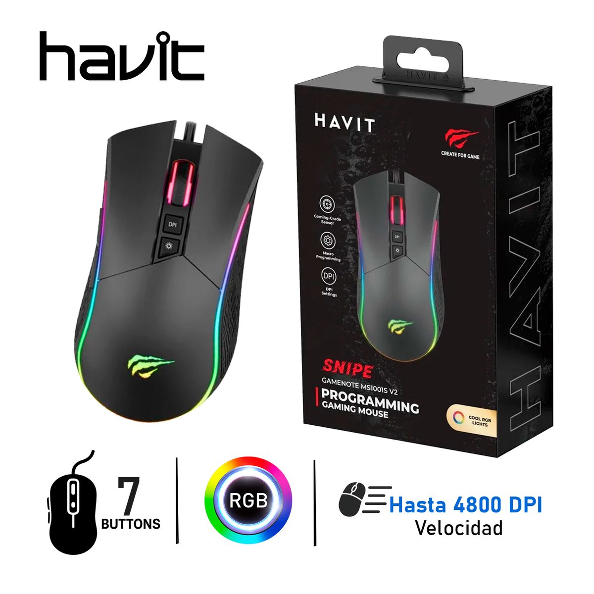 HAVIT - Mouse Gaming Havit MS1001S Negro RGB 7 Botones 12000DPI